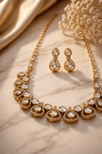 Chandrika Ivory Teardrop Polki Kundan gold plated studded Necklace Set - Image 2
