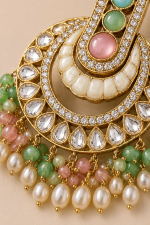 Pastel Stone Chandbali Earrings for Women – Gold Plated Kundan Style Beaded Dangle Earrings with Pearl Drops - Image 2