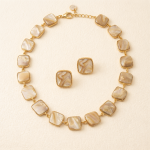 Gold Plated Square Pearl Necklace Set with Matching Stud Earrings - Image 2