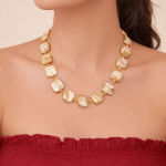 Gold Plated Square Pearl Necklace Set with Matching Stud Earrings