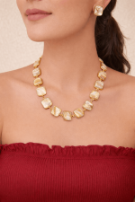 Gold Plated Square Pearl Necklace Set with Matching Stud Earrings