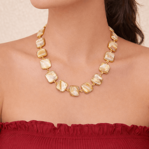 Gold Plated Square Pearl Necklace Set with Matching Stud Earrings