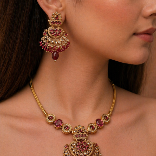 Nyveera Maharani Ruby & Kundan Bridal Necklace Set – Royal Gold Tone Traditional Wedding & Festive Jewellery with Earrings