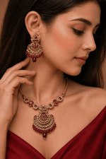 Nyveera Maharani Ruby & Kundan Bridal Necklace Set – Royal Gold Tone Traditional Wedding & Festive Jewellery with Earrings - Image 4