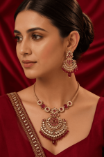 Nyveera Maharani Ruby & Kundan Bridal Necklace Set – Royal Gold Tone Traditional Wedding & Festive Jewellery with Earrings - Image 5