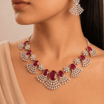 Luxury American Diamond Ruby Bridal Necklace Set for Women – Silver Plated Wedding Party Jewelry with Matching Earrings