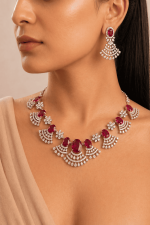 Luxury American Diamond Ruby Bridal Necklace Set for Women – Silver Plated Wedding Party Jewelry with Matching Earrings