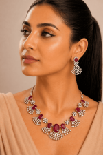 Luxury American Diamond Ruby Bridal Necklace Set for Women – Silver Plated Wedding Party Jewelry with Matching Earrings - Image 5