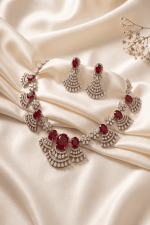 Luxury American Diamond Ruby Bridal Necklace Set for Women – Silver Plated Wedding Party Jewelry with Matching Earrings - Image 2