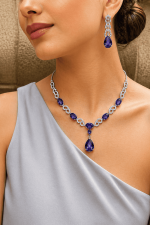 Nyveera Amethyst Teardrop Silver Plated Zirconia Studded Necklace Set
