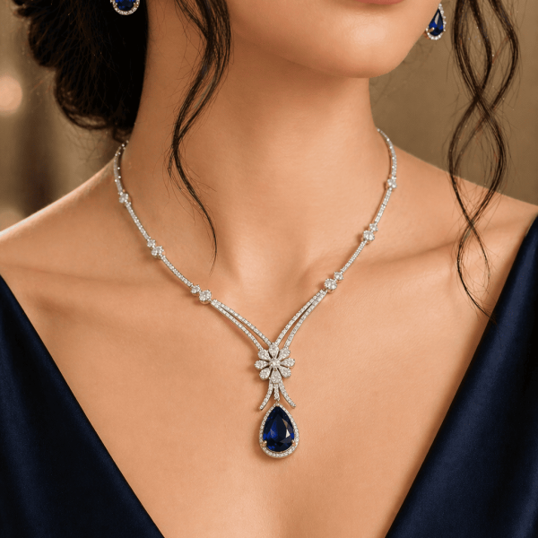 Nyveera Sapphire Dewdrop CZ Necklace Set