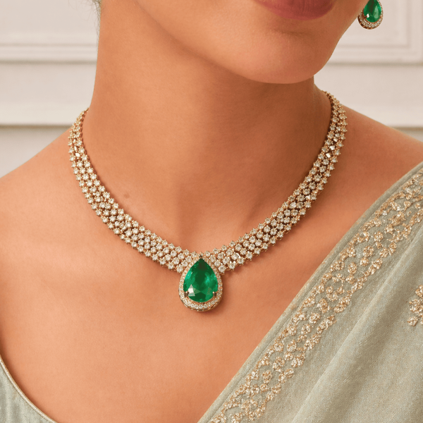 Elegant Dewdrop Mint Design CZ Gold-Plated Necklace Set for Women