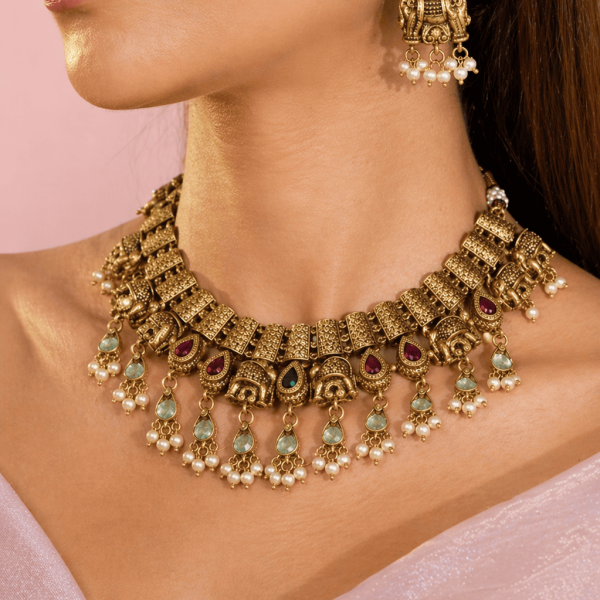 Nyveera Royal Elephant Pearl Necklace Set