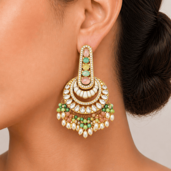 Pastel Stone Chandbali Earrings for Women – Gold Plated Kundan Style Beaded Dangle Earrings with Pearl Drops