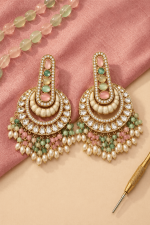 Pastel Stone Chandbali Earrings for Women – Gold Plated Kundan Style Beaded Dangle Earrings with Pearl Drops - Image 4