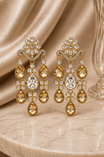 Gold Plated Kundan Crystal Floral Drop Earrings for Women | Elegant Statement Danglers for Wedding, Festive & Party Wear - Image 2