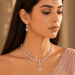 Nyveera Floral Pink American Diamond Silver Finish Luxury Necklace Set for Women
