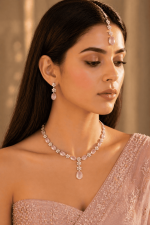 Nyveera Floral Pink American Diamond Silver Finish Luxury Necklace Set for Women