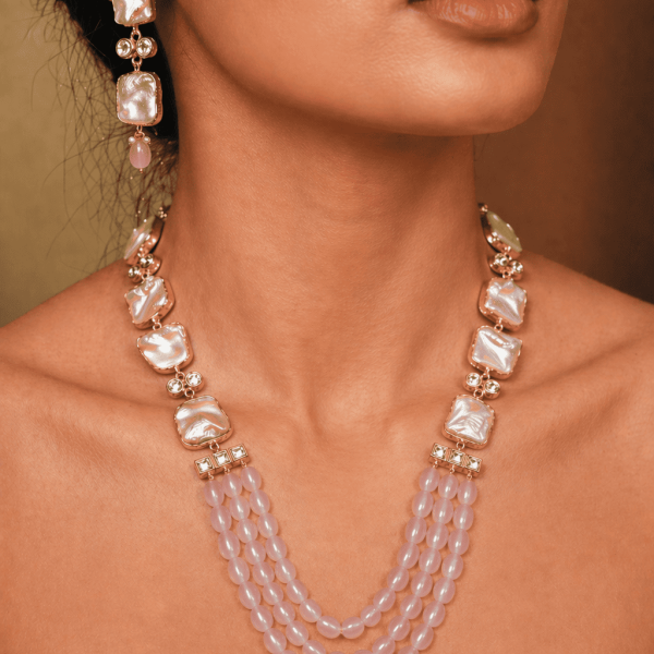 Blush Rose Quartz and Mother of Pearl Multi-Strand Statement Necklace Set