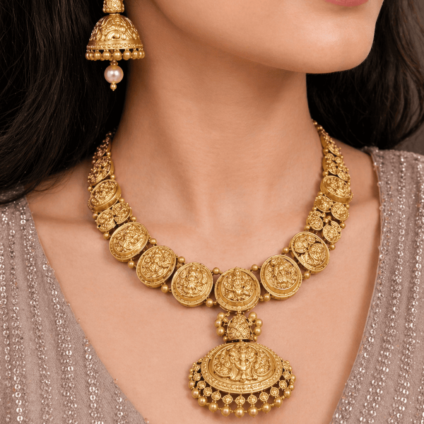 Nyveera Antique Lakshmi Temple Pendant Necklace with Pearl Drop