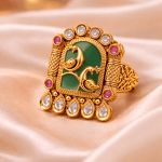 Peacock Royale Temple Statement Ring – Antique Ethnic Ring with Green Enamel & Kundan Stones