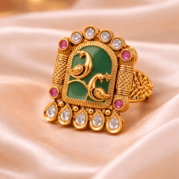 Peacock Royale Temple Statement Ring – Antique Ethnic Ring with Green Enamel & Kundan Stones