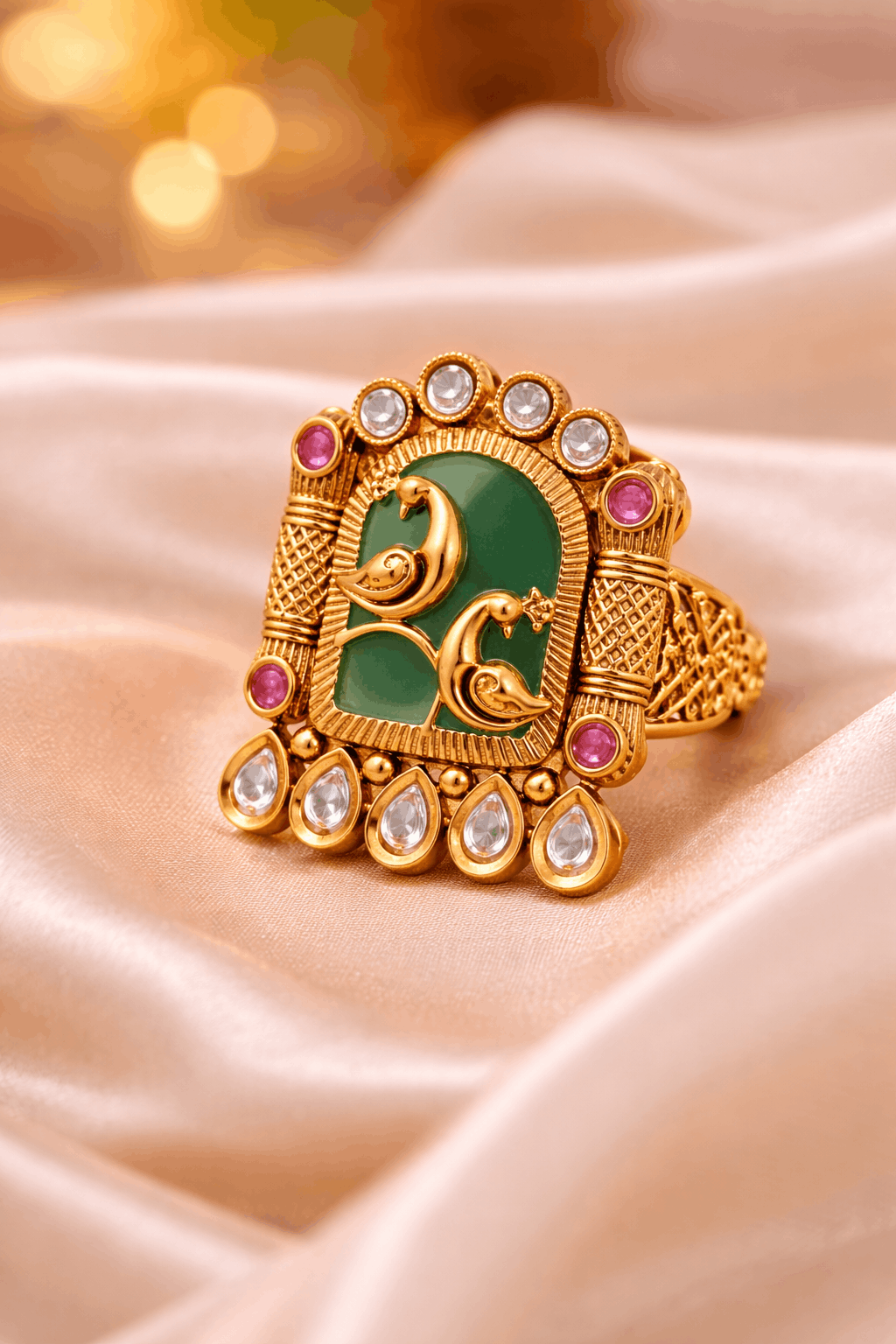 ChatGPT Image Mar 18, 2026, 04_05_22 PM (1) Peacock Royale Temple Statement Ring – Antique Ethnic Ring with Green Enamel & Kundan Stones - Image 1