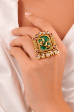 Peacock Royale Temple Statement Ring – Antique Ethnic Ring with Green Enamel & Kundan Stones - Image 4