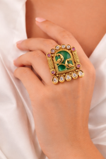 Peacock Royale Temple Statement Ring – Antique Ethnic Ring with Green Enamel & Kundan Stones - Image 3