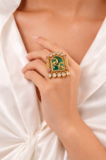 Peacock Royale Temple Statement Ring – Antique Ethnic Ring with Green Enamel & Kundan Stones - Image 2