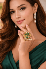 Peacock Royale Temple Statement Ring – Antique Ethnic Ring with Green Enamel & Kundan Stones - Image 5