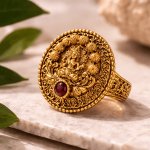 Lakshmi Temple Statement Ring – Antique Gold Traditional Goddess Ring with Red Stone - Image 3