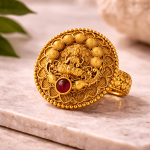 Lakshmi Temple Statement Ring – Antique Gold Traditional Goddess Ring with Red Stone - Image 4