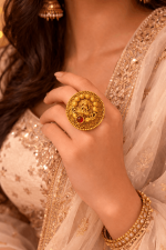 Lakshmi Temple Statement Ring – Antique Gold Traditional Goddess Ring with Red Stone - Image 5