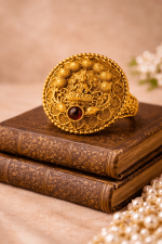 Lakshmi Temple Statement Ring – Antique Gold Traditional Goddess Ring with Red Stone - Image 2
