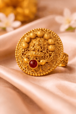 Lakshmi Temple Statement Ring – Antique Gold Traditional Goddess Ring with Red Stone