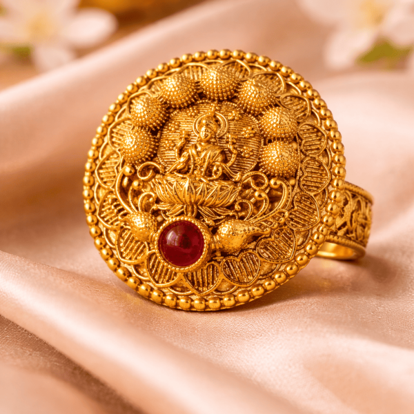 Lakshmi Temple Statement Ring – Antique Gold Traditional Goddess Ring with Red Stone