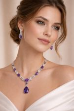 Nyveera Amethyst Teardrop Silver Plated Zirconia Studded Necklace Set - Image 5
