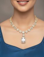 Elegant American Diamond Rectangle Pendant Necklace Set for Women – Gold Plated Adjustable Bridal Jewelry with Matching Earrings - Image 3