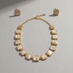 Gold Plated Square Pearl Necklace Set with Matching Stud Earrings