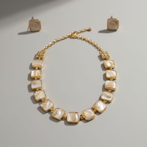 Gold Plated Square Pearl Necklace Set with Matching Stud Earrings