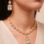 Elegant American Diamond Rectangle Pendant Necklace Set for Women – Gold Plated Adjustable Bridal Jewelry with Matching Earrings