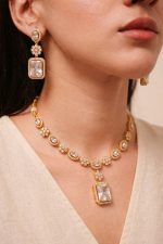 Elegant American Diamond Rectangle Pendant Necklace Set for Women – Gold Plated Adjustable Bridal Jewelry with Matching Earrings