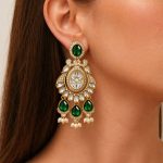 Green Kundan Chandbali Earrings with Pearl Drops – Traditional Gold Plated Bridal Statement Earrings for Women