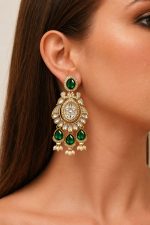 Green Kundan Chandbali Earrings with Pearl Drops – Traditional Gold Plated Bridal Statement Earrings for Women