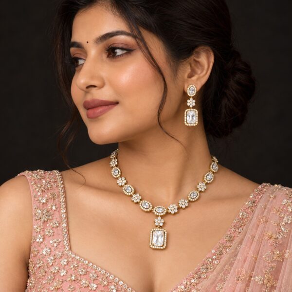 Elegant American Diamond Rectangle Pendant Necklace Set