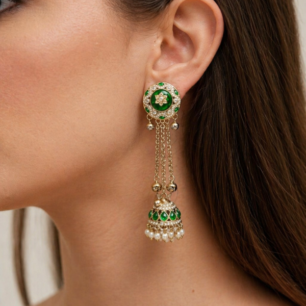 Nyveera Heritage Green Kundan Chain Drop Jhumkas