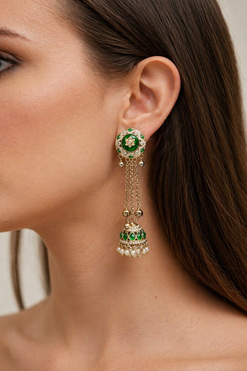 a9e560db-5daf-4414-878b-76ef3cf8343b Nyveera Heritage Green Kundan Chain Drop Jhumkas - Image 1