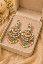 Pastel Stone Chandbali Earrings for Women – Gold Plated Kundan Style Beaded Dangle Earrings with Pearl Drops - Image 3