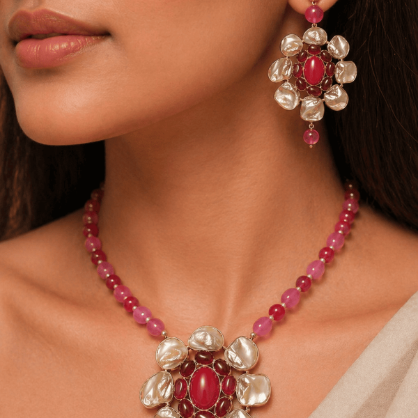 Nyveera Crimson Bloom Statement Necklace Set